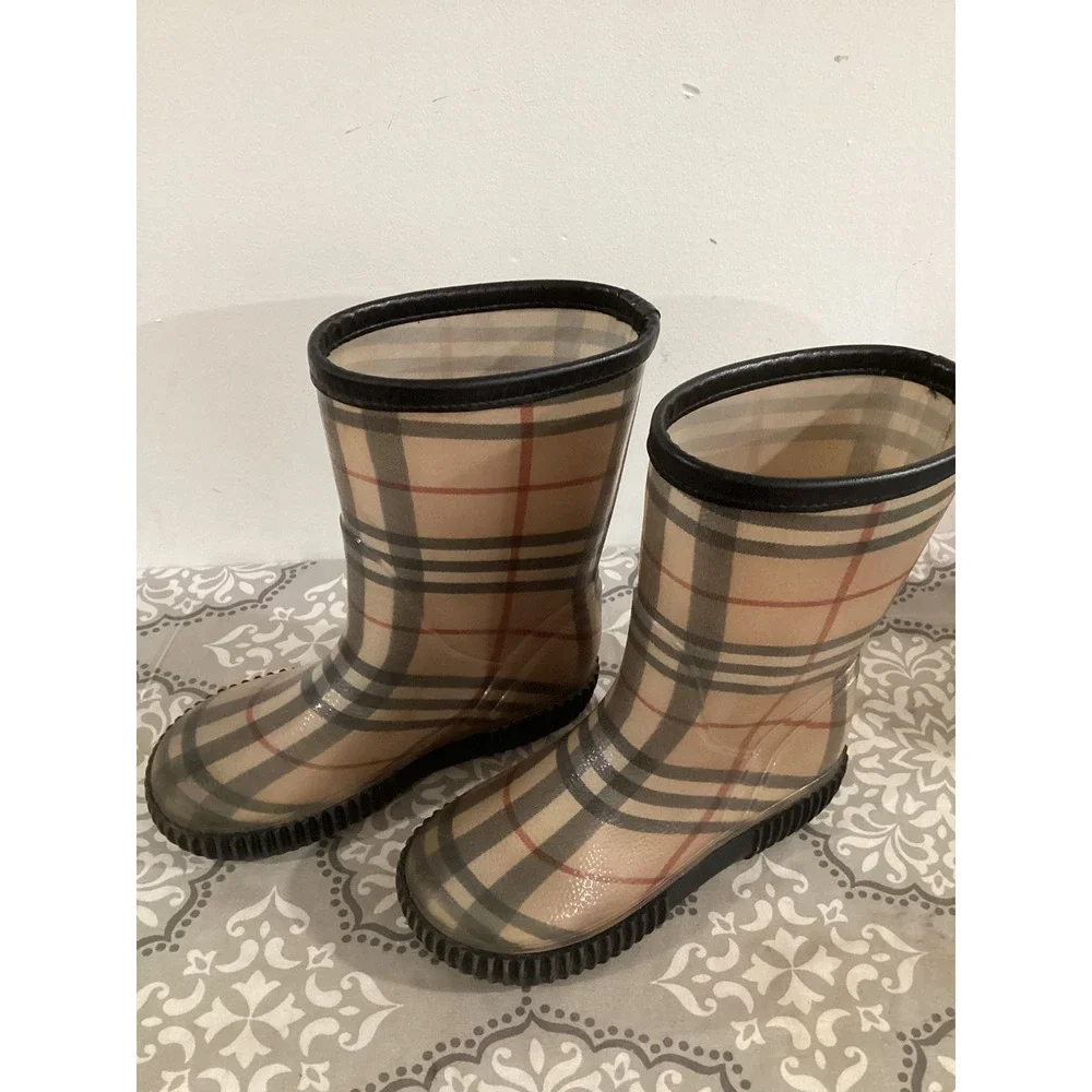 Burberry Unisex Kids Tan Black Check Mid-Calf Pull-On Rain Boots Sz 13 With COA